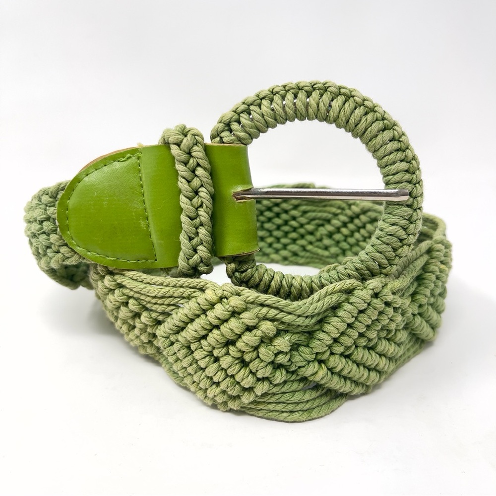 Vintage Green Macrame Belt w/ Leather Trim, Boho Wide Woven Statement Belt